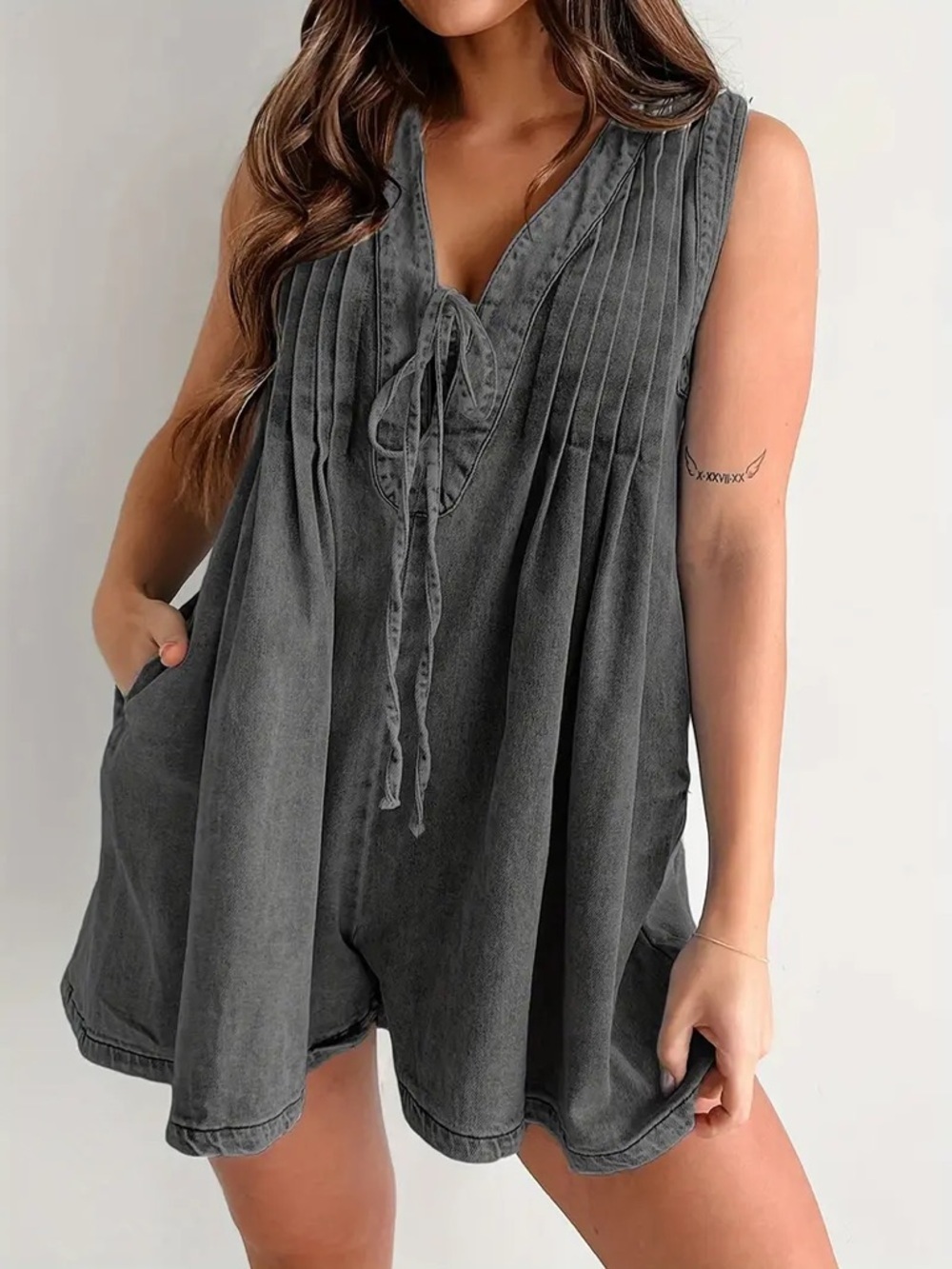 Sleeveless V-Neck Pleated Romper in Washed Charcoal medium